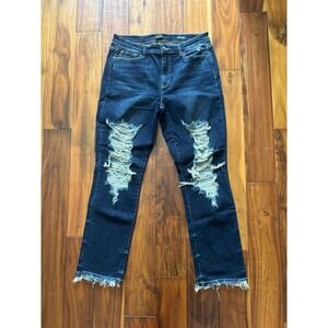 Judy Blue Straight Fit Distressed Jeans Dark Wash Raw Hem Size 15 32